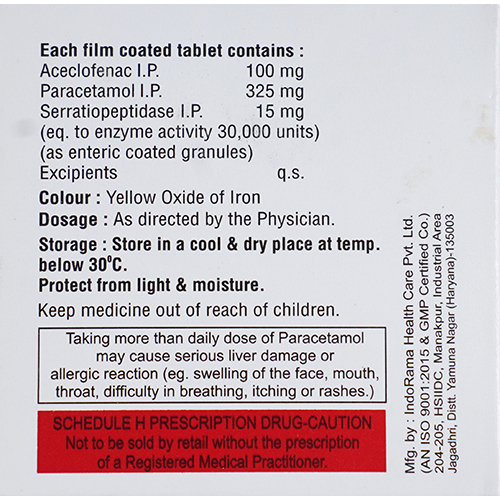 Aceclofenac Paracetamol And Serratiopeptidase Tablets - Drug Type: General Medicines