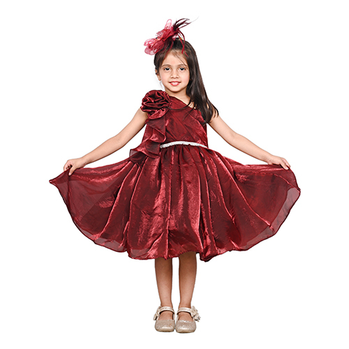 Girls Maroon Tulle Knee Length Party Dress