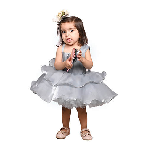 Girls Grey Tulle One Shoulder Layered Skirt Party Dress - Age Group: Kids