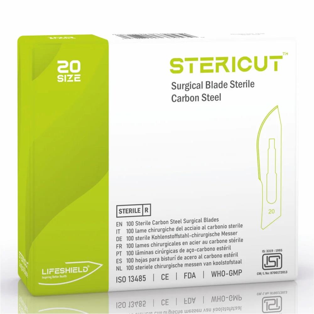 LifeShield Stericut Surgical Blade (No 20) Carbon Steel Blade Gamma Sterilized