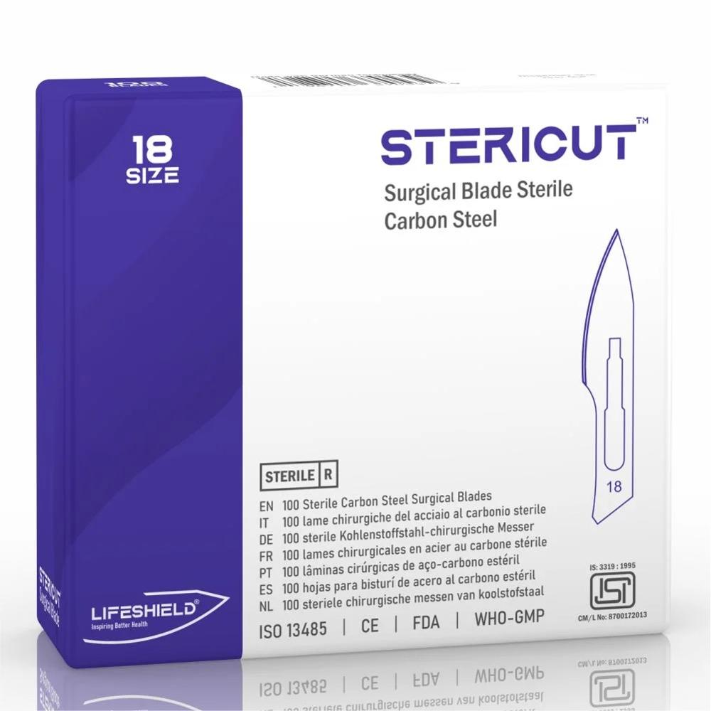 LifeShield Stericut Surgical Blade (No 18) Carbon Steel Blade Gamma Sterilized