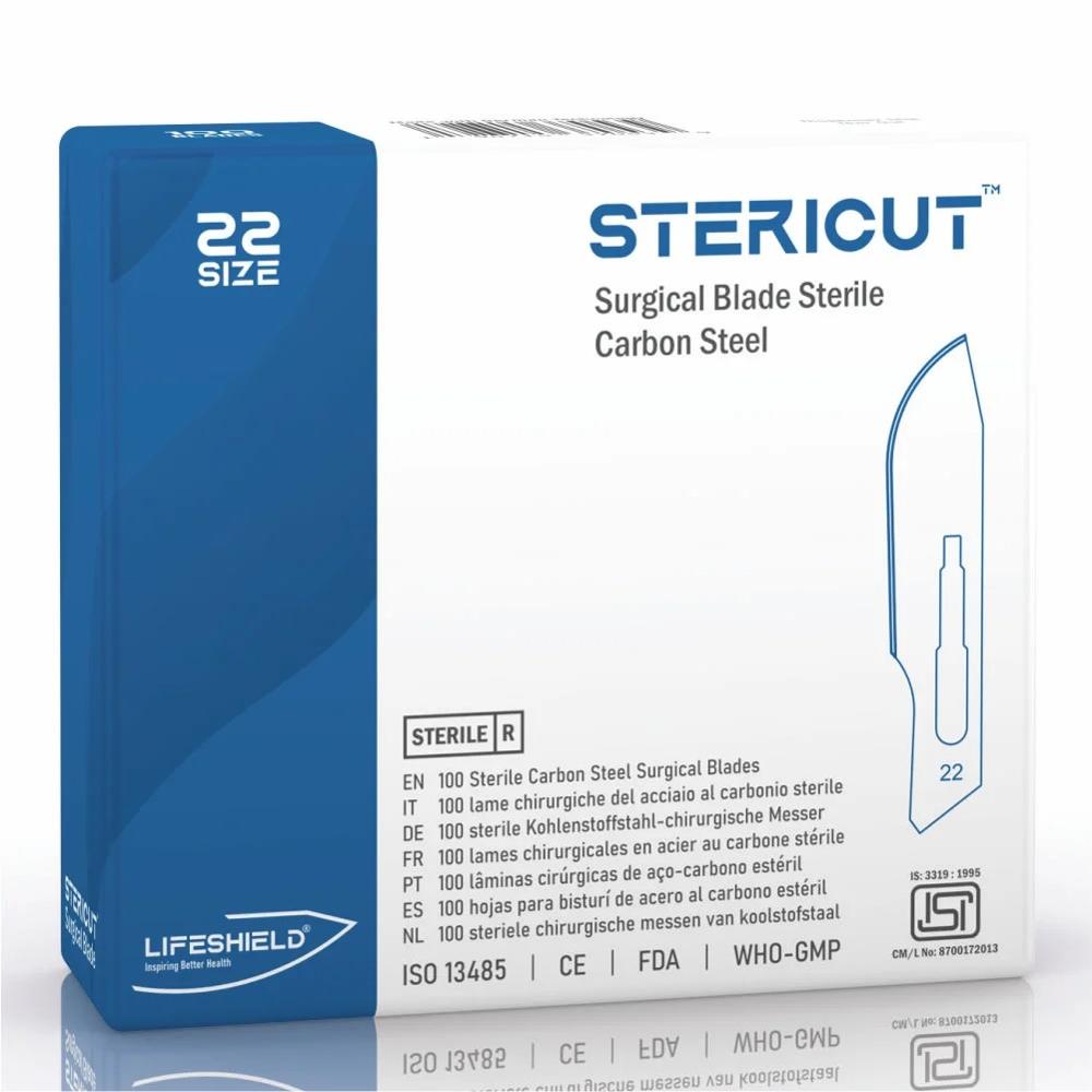 LifeShield Stericut Surgical Blade (No 22) Carbon Steel Blade Gamma Sterilized