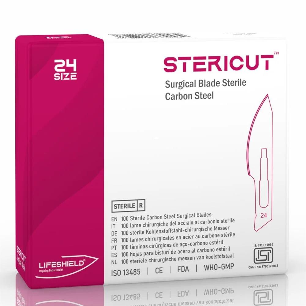LifeShield Stericut Surgical Blade (No 24) Carbon Steel Blade Gamma Sterilized