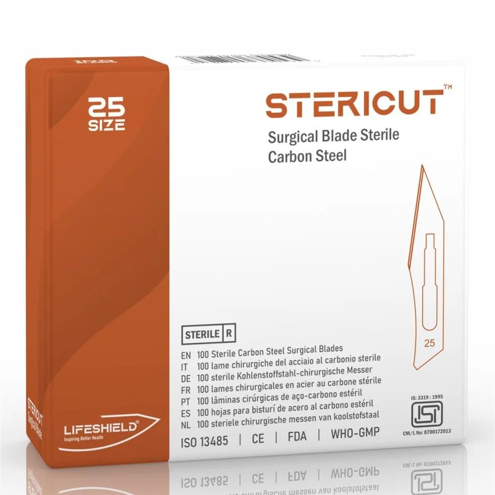 LifeShield Stericut Surgical Blade (No 25) Carbon Steel Blade Gamma Sterilized