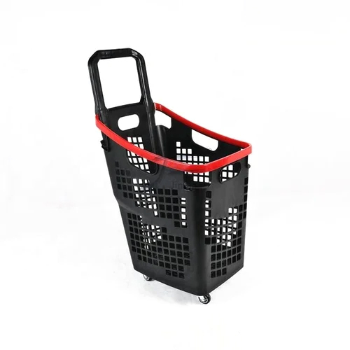 Plastic Shopping Basket With Wheel - Color: Black