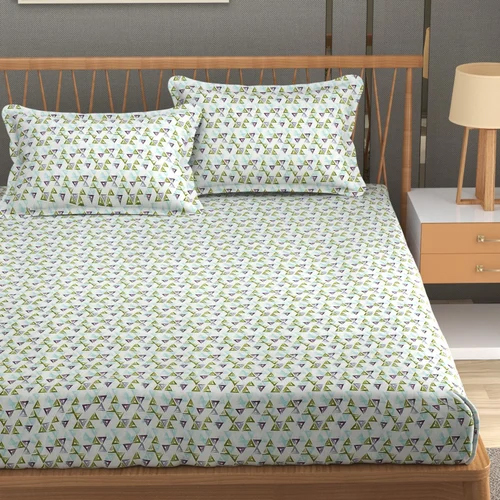 Cream Printed Cotton Double Bedsheet - Color: Multicolor