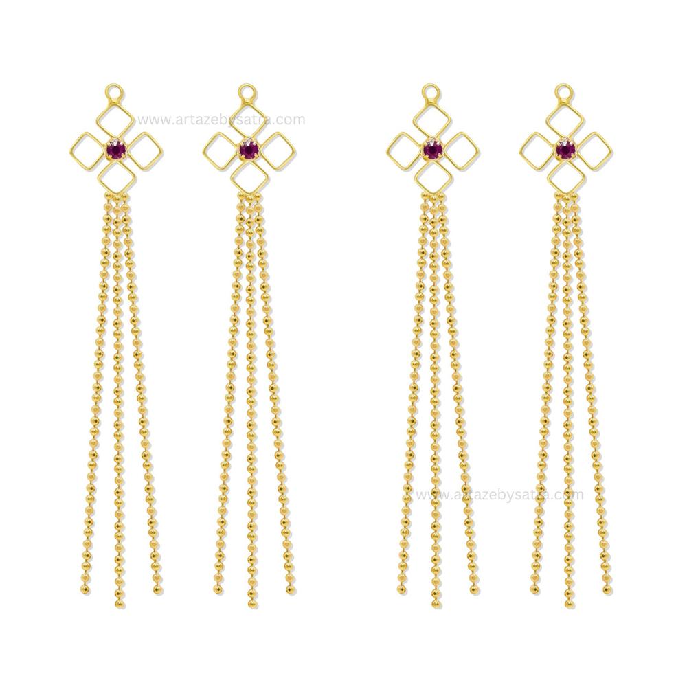 Gold Tone Geometric Earring Charms with Ruby & Cascading Ball Chains | Qty : 1 pair | Size : 2.7inch