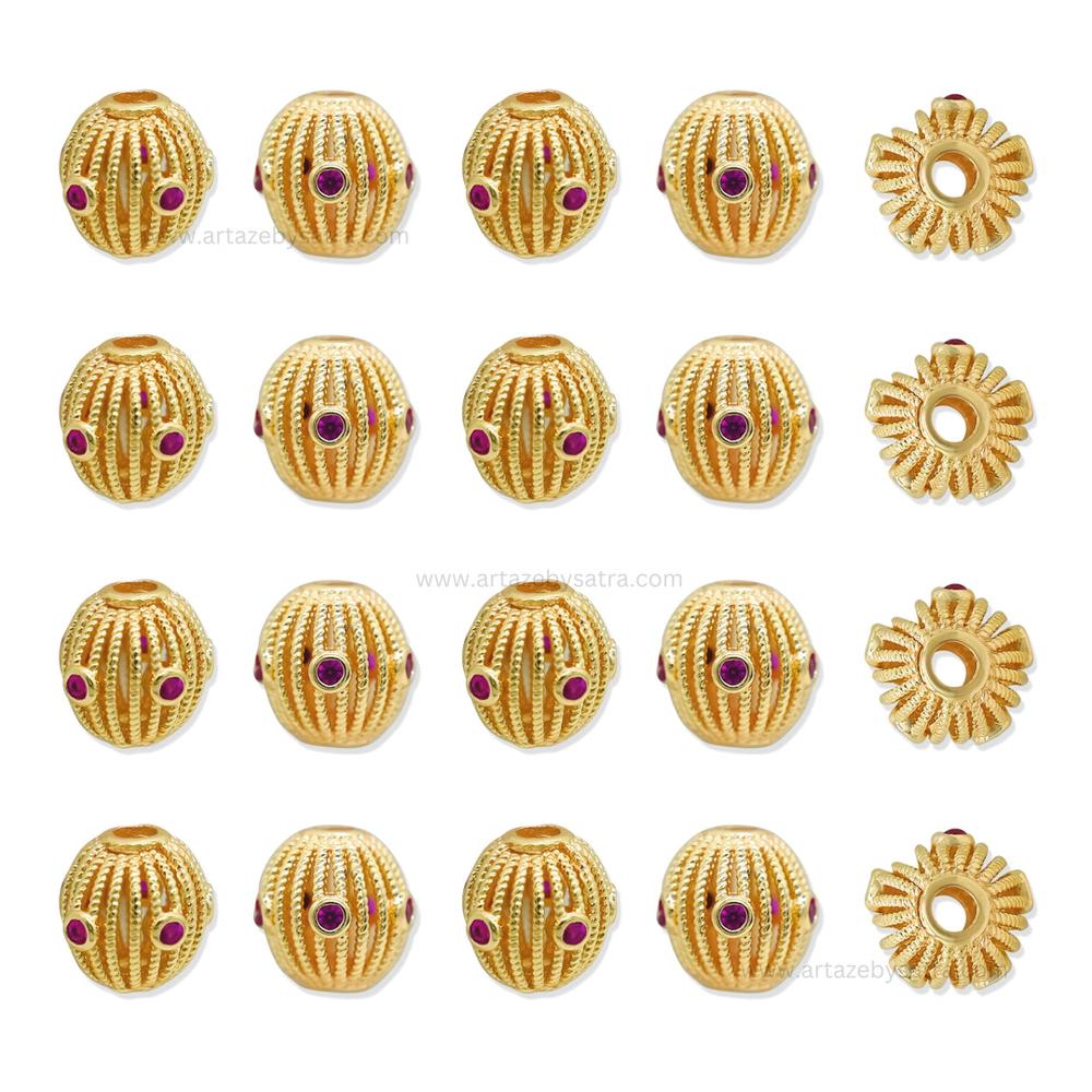 Luxurious Gold Filigree Oval Beads with Ruby Inlays | Qty : 1pc | Size : 10mm