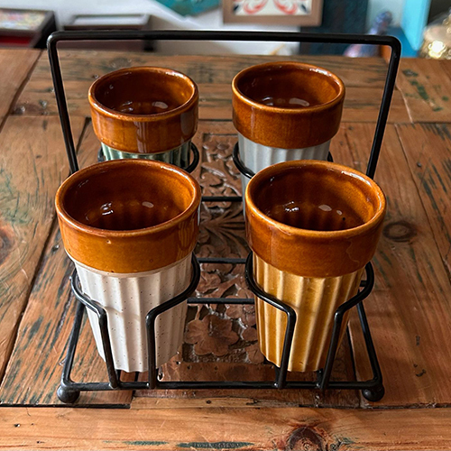 Ceramic Kullad Set Of 4 With Stand