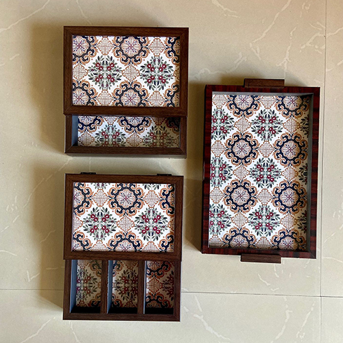 Moroccan Design Glass Top Tray With Cutlery And Napkin Box