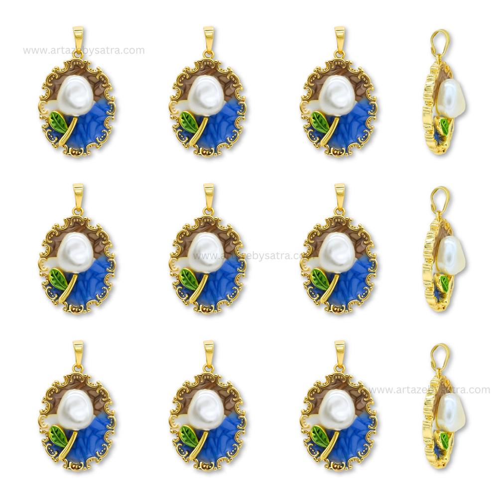 Vintage Style Floral Enamel Oval Pendant with Pearl | Qty : 1pc | Size : 37mm