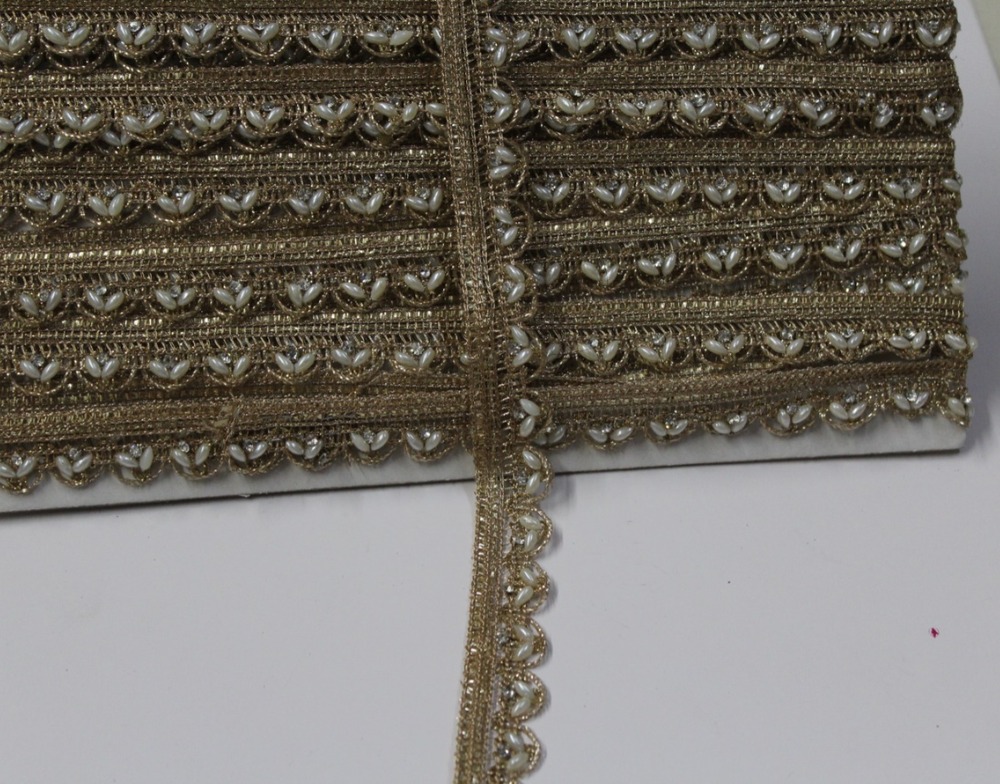 Golden Colour Handwork Stone Moti  Lace