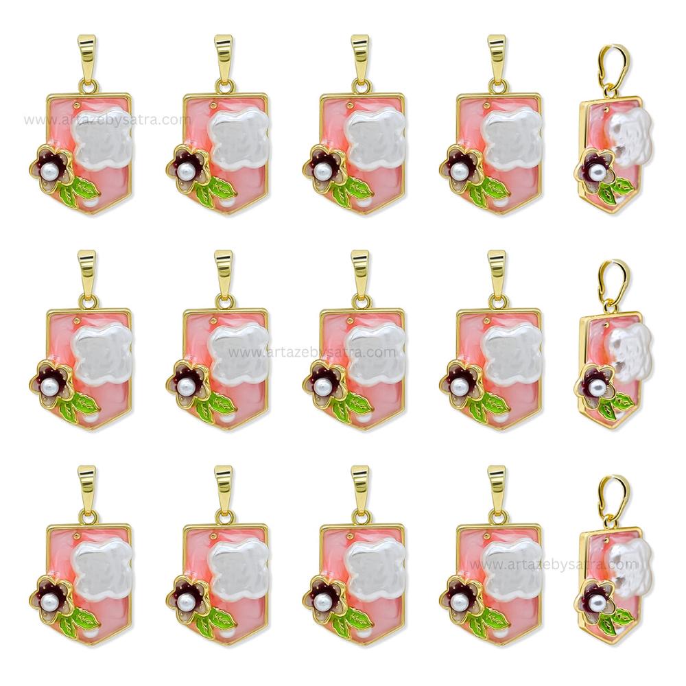 Gold Filled Enamel Shield Pendant with Flower & Pearl Accent | Qty : 1pc | Size : 30mm