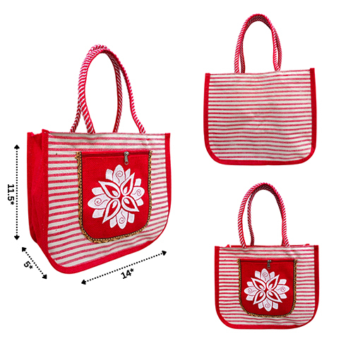14x12x5 8 Gsm Red Canvas Jute Bag - Design: Printed
