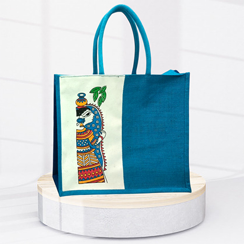 14X15.5X5 8 Gsm Blue Canvas Jute Bag - Design: Printed