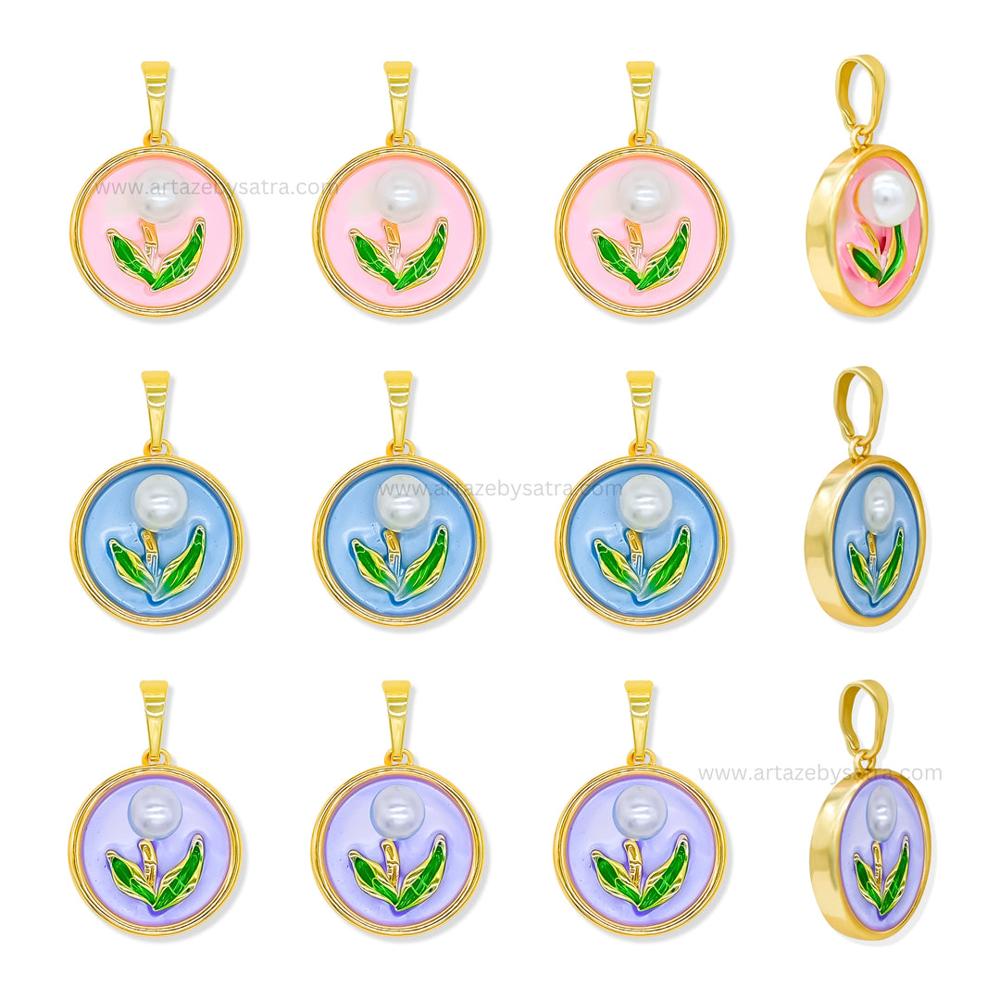 Gold Vermeil Enamel Tulip Flower Pendant with Genuine Pearl | Qty : 1pc | Size : 26mm