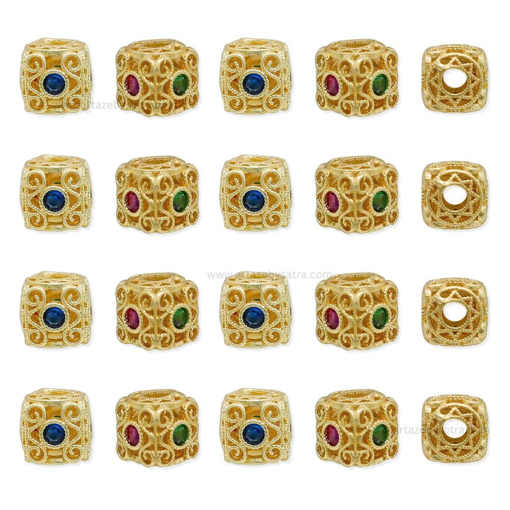 Gold Cube Spacer Beads with Ruby, Emerald & Sapphire Accents | Qty : 1pc | Size : 8mm