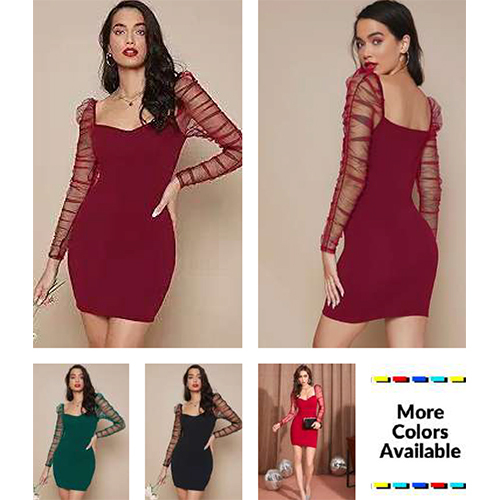 Ruched Mesh Gigot Sleeve Bodycon Dress - Color: Different Available