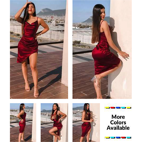 Red Color Scrunch Spaghetti Strap Dress - Color: Different Available