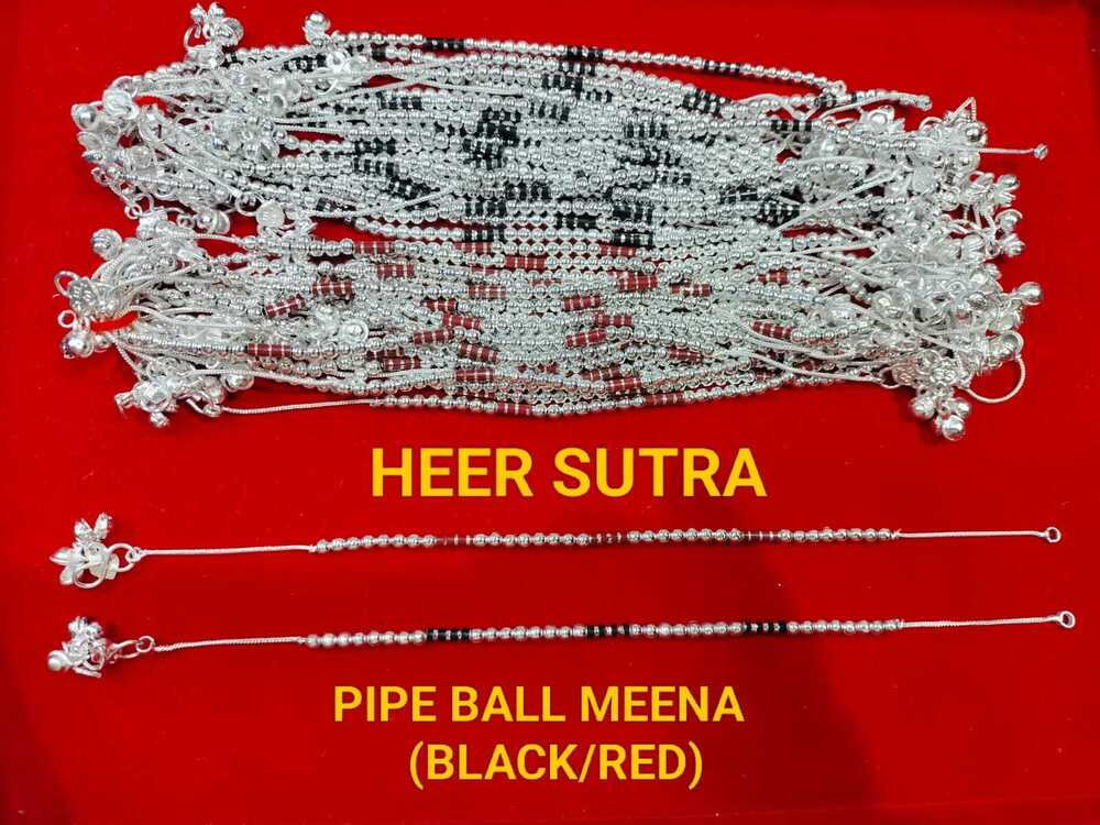 Pipe Ball Black And Red Meena Silver Anklet - Gender: Women