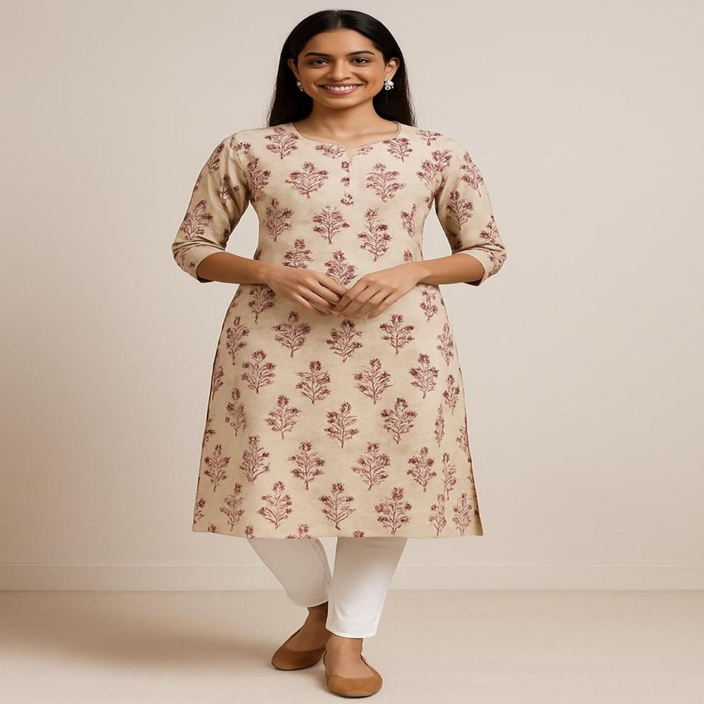 Elegant Beige Floral Print Straight Kurti
