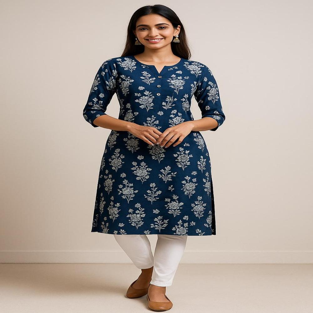 Elegant Beige Floral Print Straight Kurti
