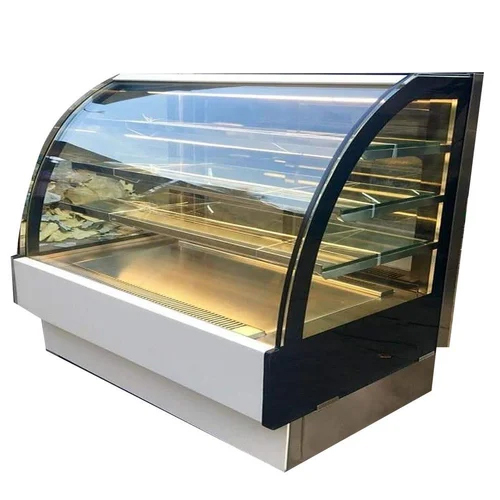 Sweet Display Counter - Stainless Steel Frame, 48 Inch Height, Transparent Glass Design, LED Lighting, 3 Spacious Shelves, Customizable Style
