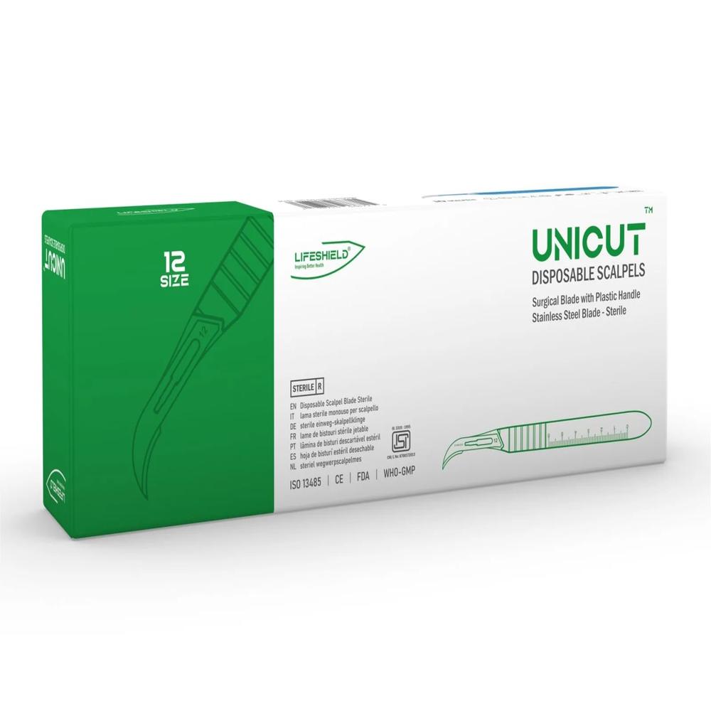 LifeShield Unicut Disposable Scalpel (No. 12) Stainless Steel - Sterile ( Pack of 10 )