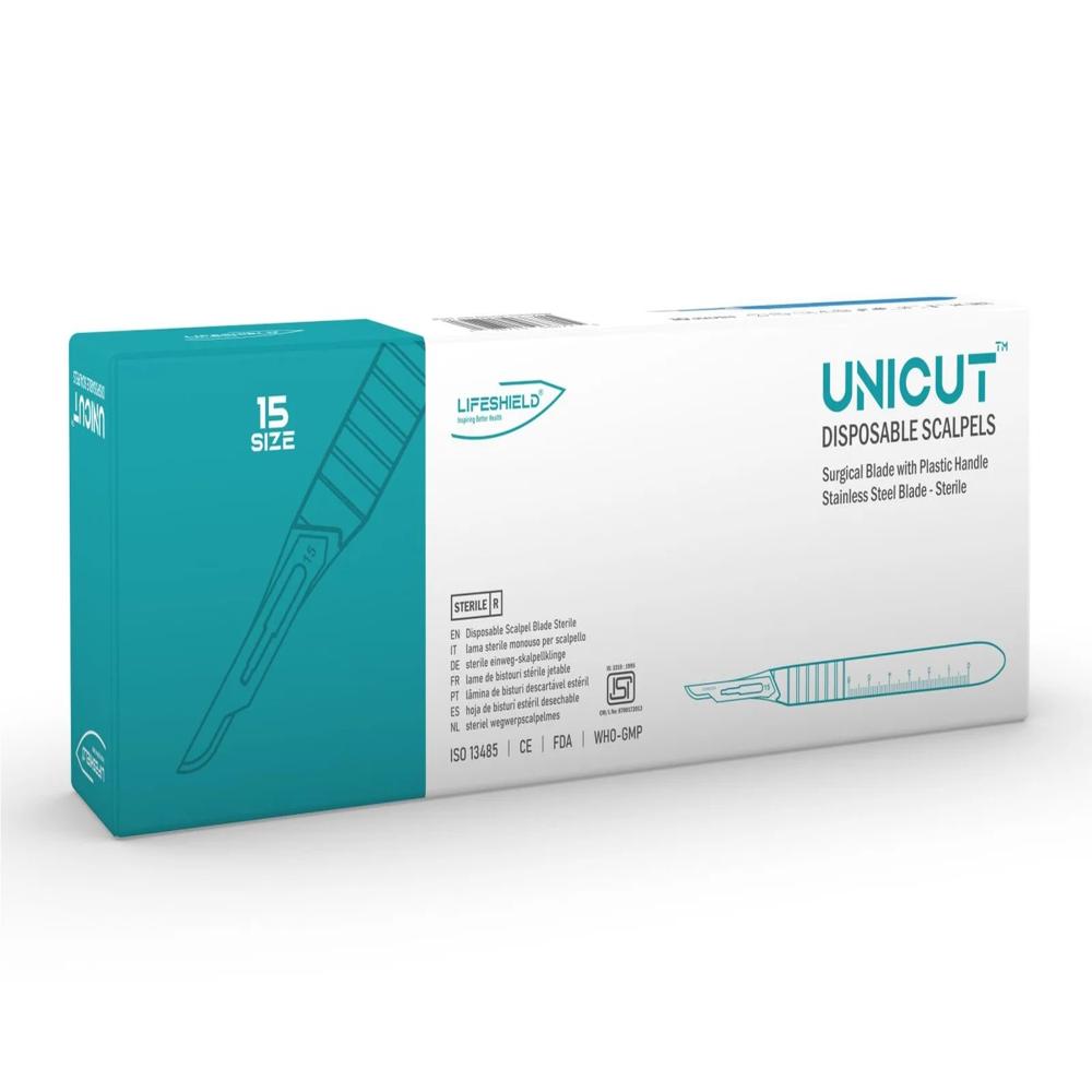 LifeShield Unicut Disposable Scalpel (No. 15) Stainless Steel - Sterile ( Pack of 10 )