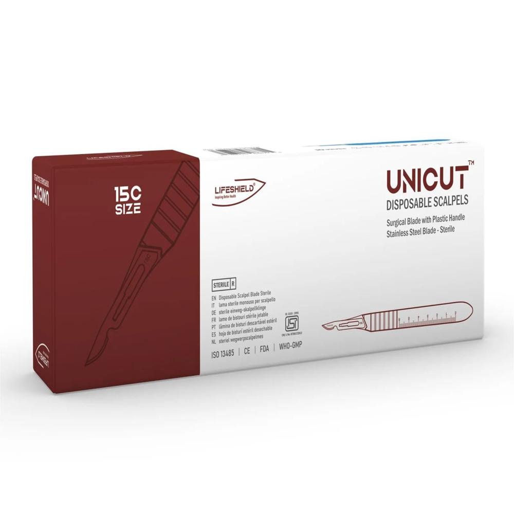 LifeShield Unicut Disposable Scalpel (No. 15C) Stainless Steel - Sterile ( Pack of 10 )