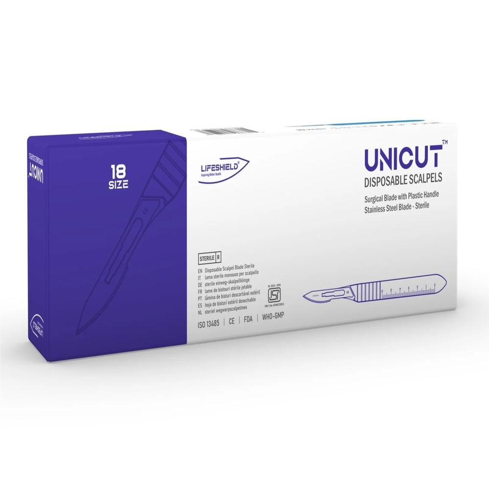 LifeShield Unicut Disposable Scalpel (No. 18) Stainless Steel - Sterile ( Pack of 10 )