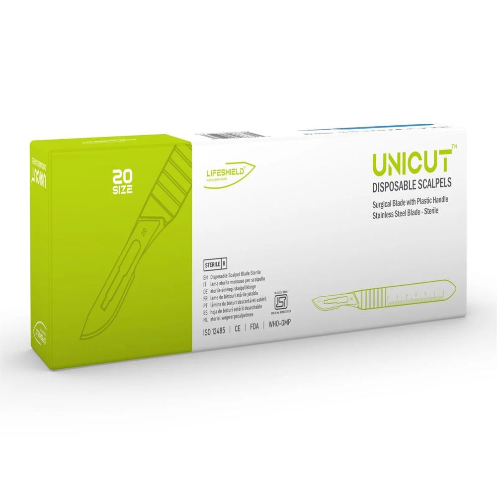 LifeShield Unicut Disposable Scalpel (No. 20) Stainless Steel - Sterile ( Pack of 10 )