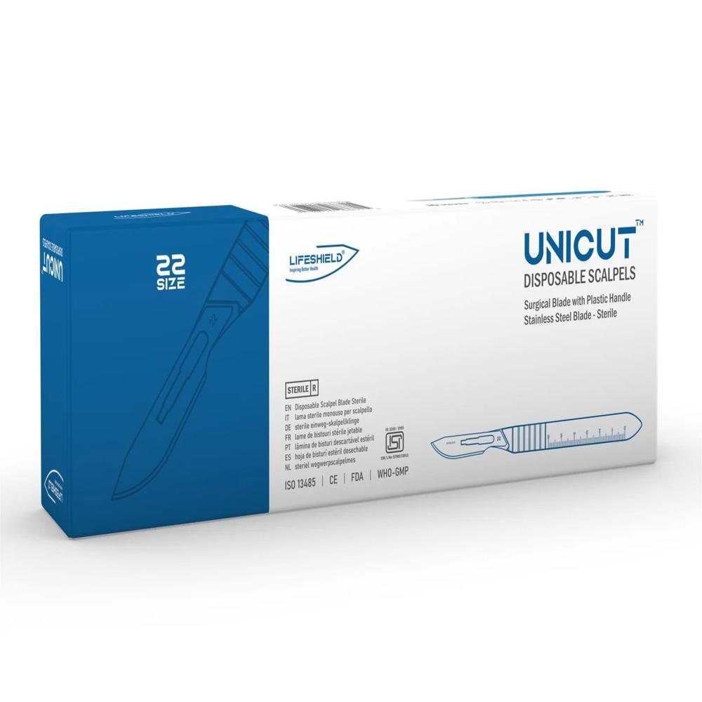 LifeShield Unicut Disposable Scalpel (No. 22) Stainless Steel - Sterile ( Pack of 10 )