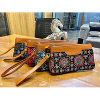 Handmade Purses - Leather, Standard Size | Black Printed Design, Zipper Closure With Comfortable Handles, 100-200 Grams