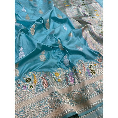 Beautiful Banarasi Pure Tissue Silk Saree Meenadar Boder Handloom Kadwa Weaving - Color: Sky Blue
