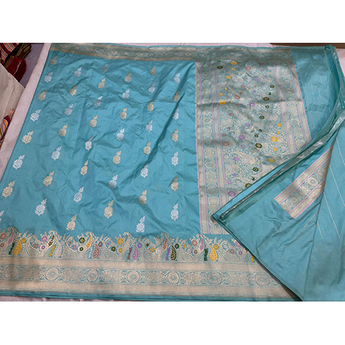 Beautiful Banarasi Pure Tissue Silk Saree Meenadar Boder Handloom Kadwa Weaving - Color: Sky Blue
