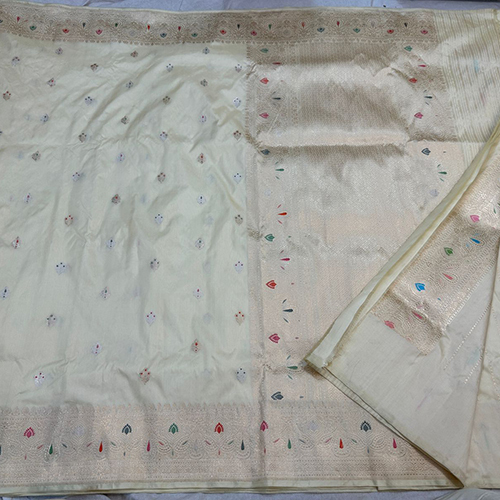 Beautiful Banarasi Pure Katan Silk Saree Silver And Gold Zari Meenadar Boder Handloom Kadwa Weaving - Color: White