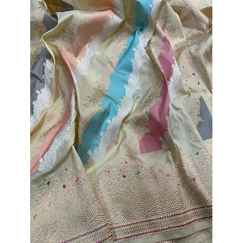 Beautiful Banarasi Pure Katan Silk Saree Meenakari Handloom Kadwa Weaving - Color: Multi Color
