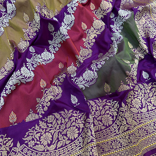 Banarasi Pure Katan Silk Saree Sona Roopa Zari Meenadar Boder Handloom Kadwa Weaving - Color: Multi Color