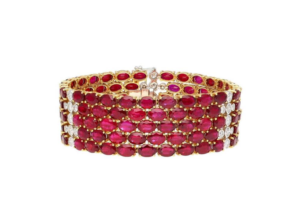 72.51 CT Natural Ruby & Diamond Statement Bracelet, 18K Yellow Gold