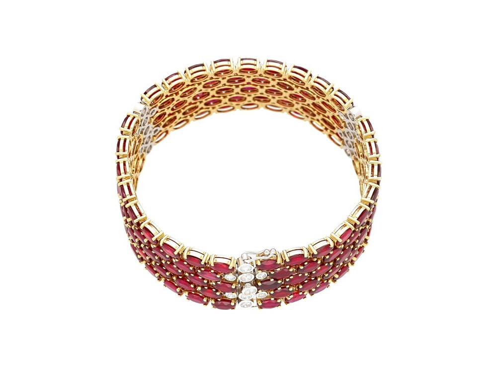 72.51 CT Natural Ruby & Diamond Statement Bracelet, 18K Yellow Gold