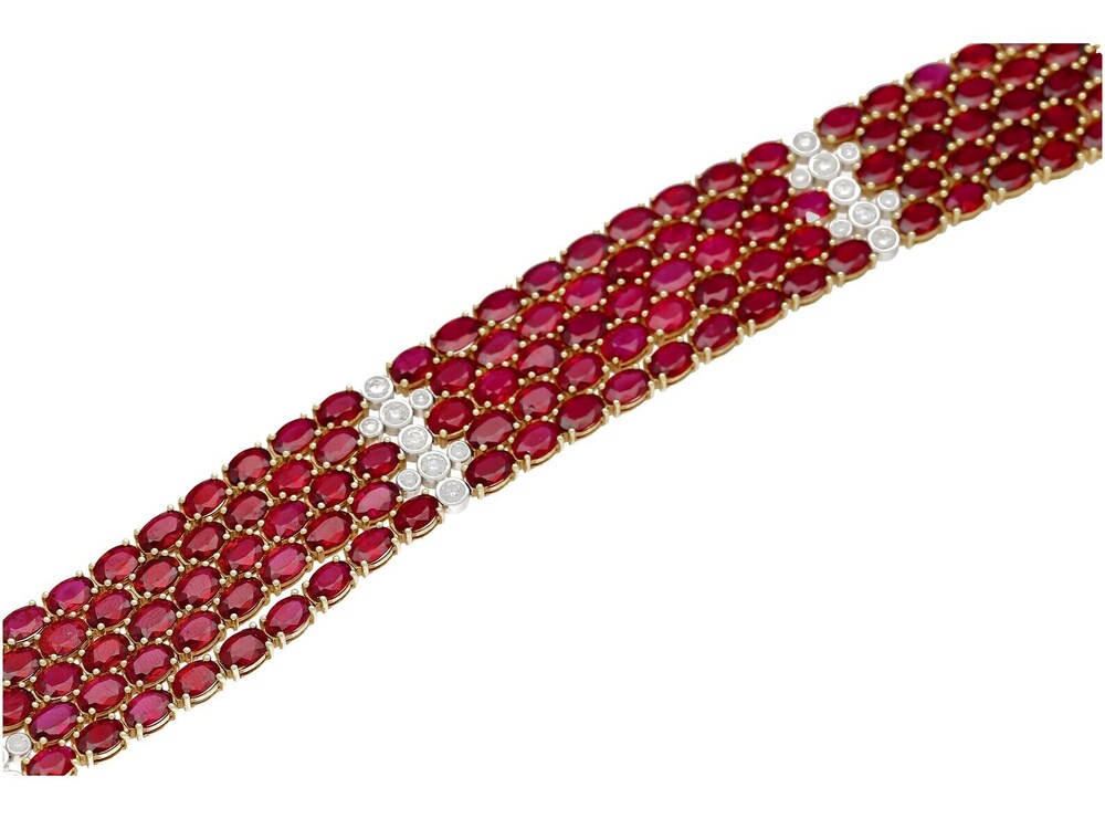 72.51 CT Natural Ruby & Diamond Statement Bracelet, 18K Yellow Gold