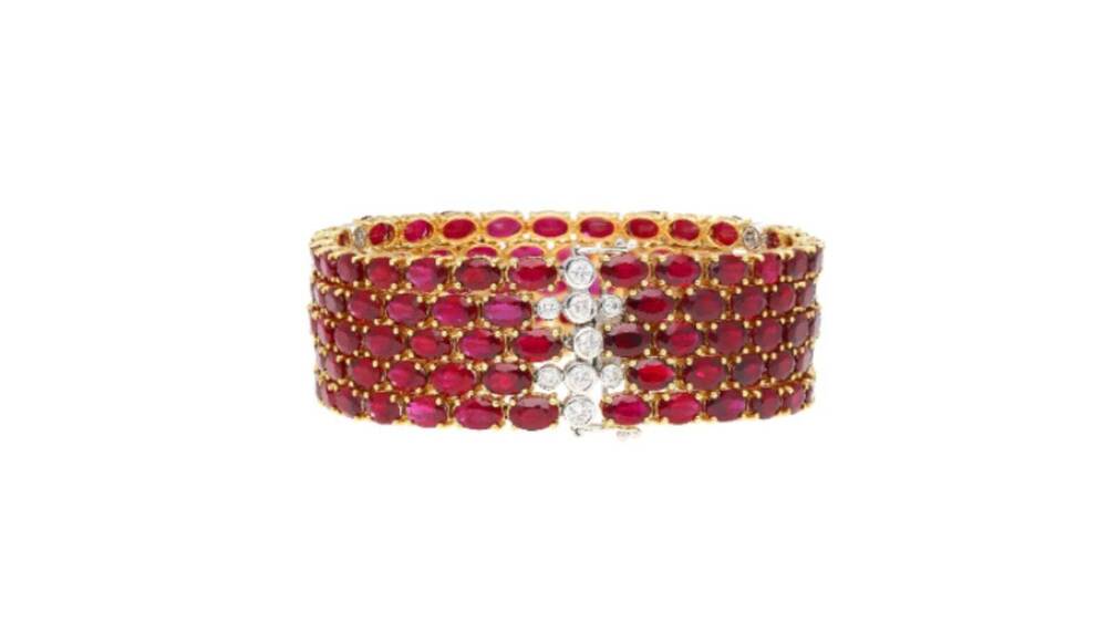 72.51 CT Natural Ruby & Diamond Statement Bracelet, 18K Yellow Gold