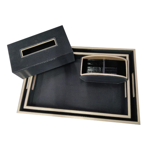 Leather Tray And Tissue Box Set - Color: Black