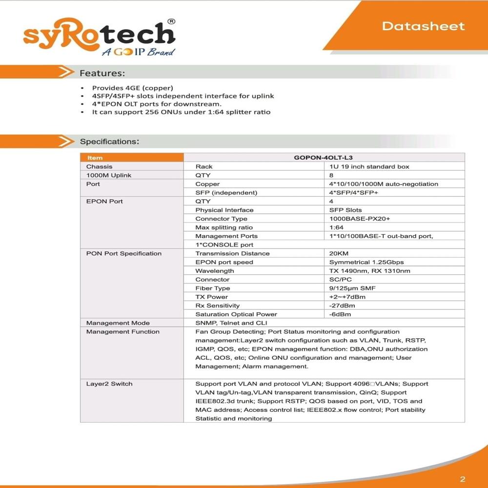 Syrotech 4 Port Gepon Olt L3 - Application: Networking