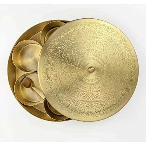 Pure Brass Mandala Etching Design Spice Box With 7 Bowls Spoon And Knobe - Color: Golden