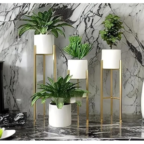 Metal Indoor White Planter Set - Color: Golden