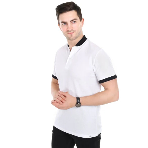 Mens White Chinese Collar T Shirt