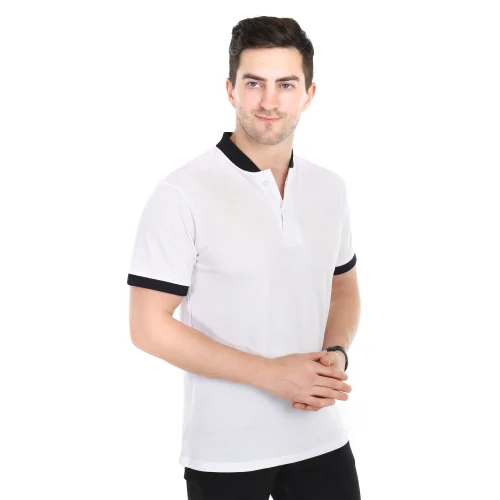 Mens White Chinese Collar T Shirt