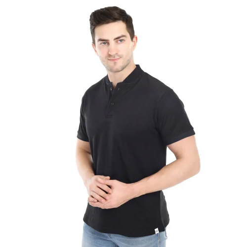 Mens Black Chinese Collar T Shirt
